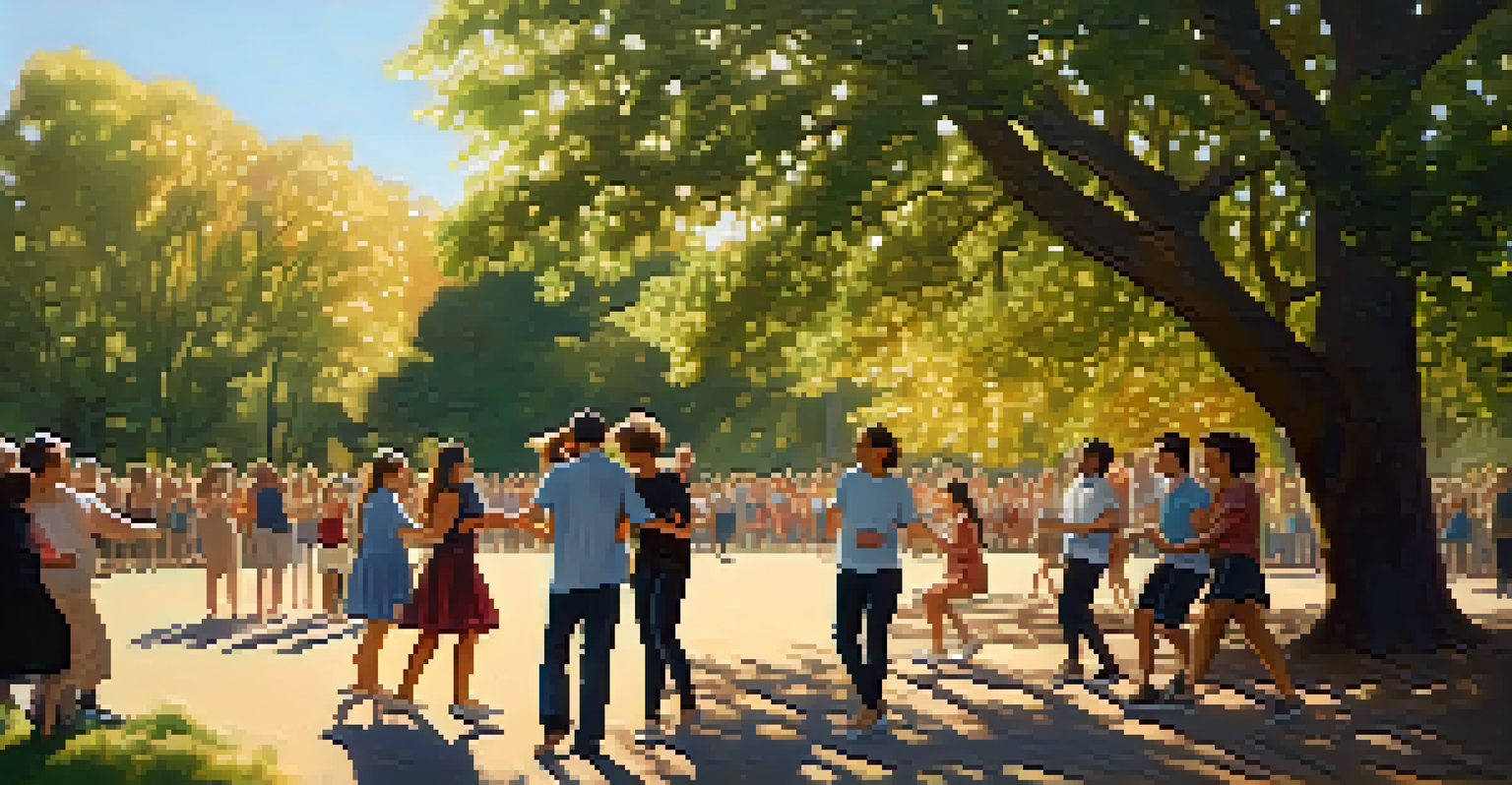A small group of individuals joyfully dancing together in a park, surrounded by trees and warm sunlight, conveying a sense of community and connection.