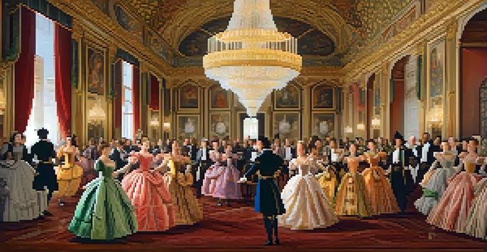 A grand ballroom filled with elegantly dressed nobles dancing during the Renaissance, with rich decorations and warm lighting.