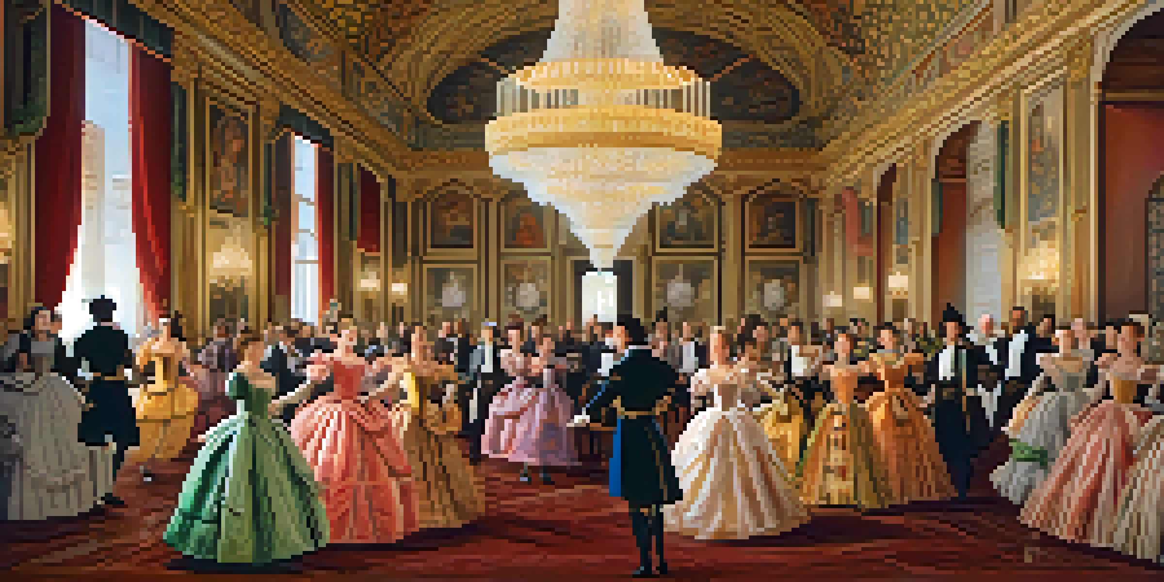A grand ballroom filled with elegantly dressed nobles dancing during the Renaissance, with rich decorations and warm lighting.