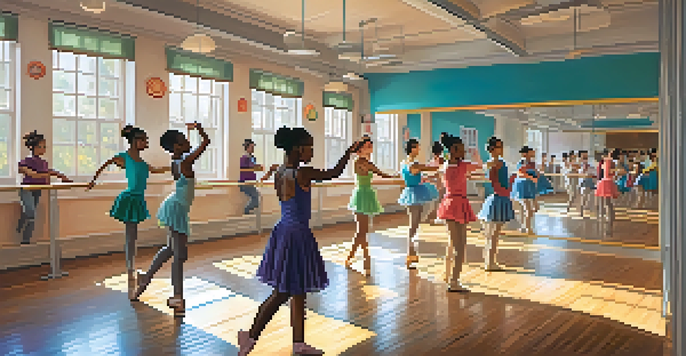 A lively dance classroom with diverse students practicing different dance styles, illuminated by sunlight.