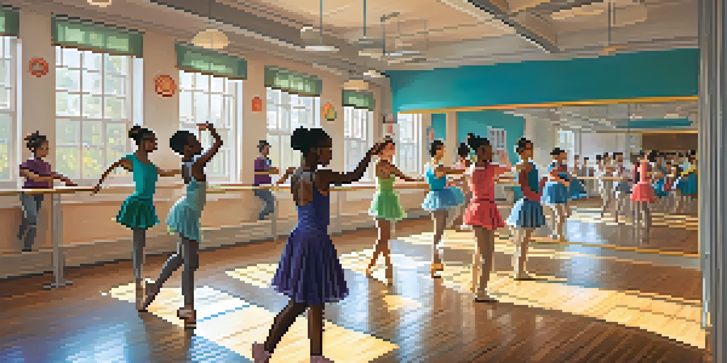 A lively dance classroom with diverse students practicing different dance styles, illuminated by sunlight.