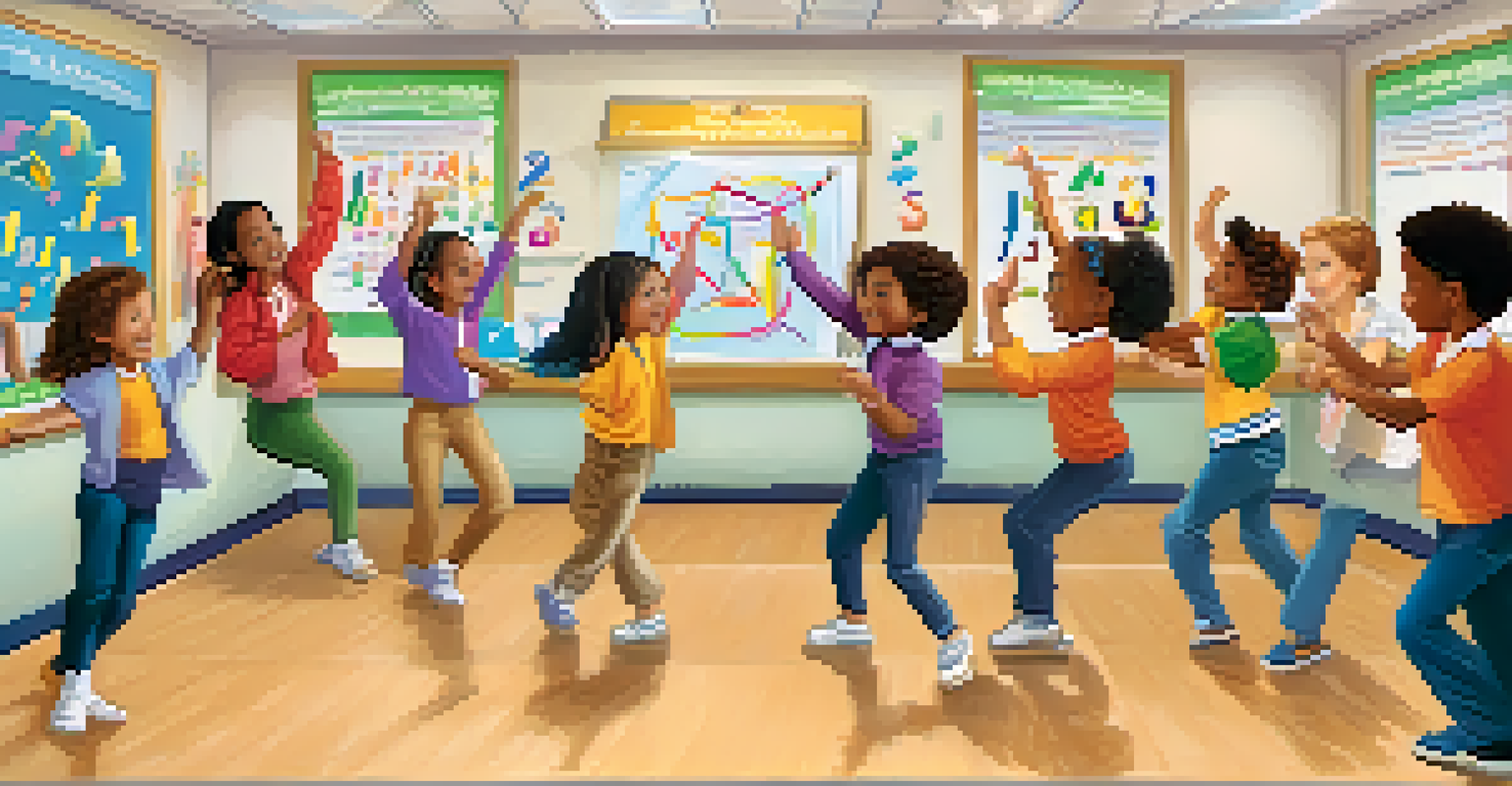 A teacher demonstrating dance moves to students in a classroom, integrating movement with math learning.