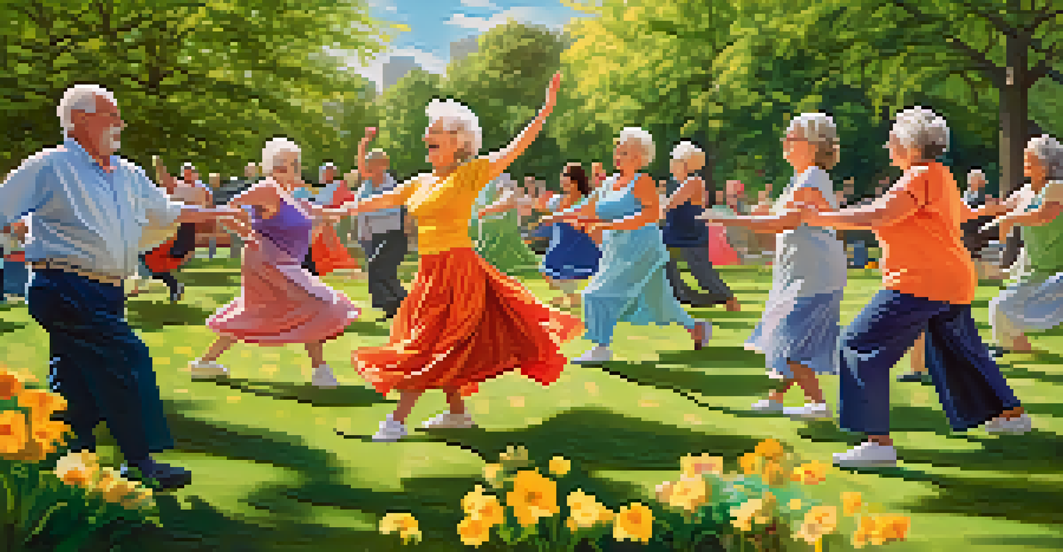 Seniors participating in an outdoor dance therapy class in a beautiful park, surrounded by nature and flowers.