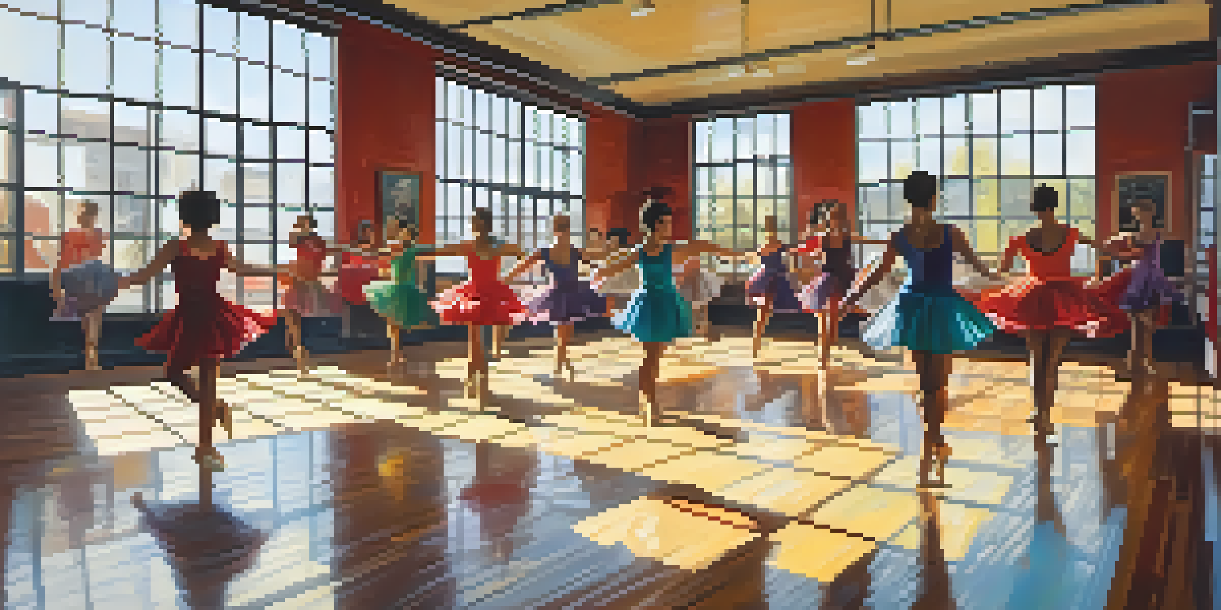 A lively dance studio with diverse dancers practicing contemporary dance, illuminated by warm sunlight and colorful attire.
