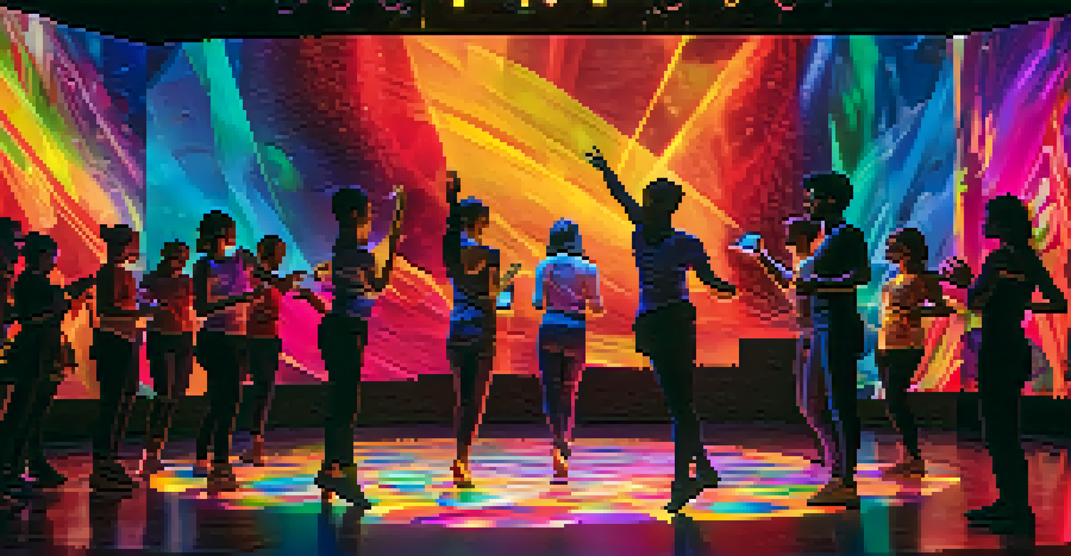 Dancers perform on stage in front of a large screen, with colorful visuals that change based on audience interaction, creating an engaging and immersive experience.