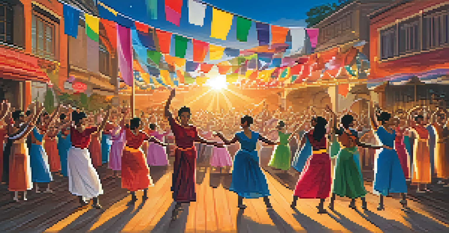 Performers from various cultures showcasing traditional dances at an outdoor festival, with an engaged audience in the background.