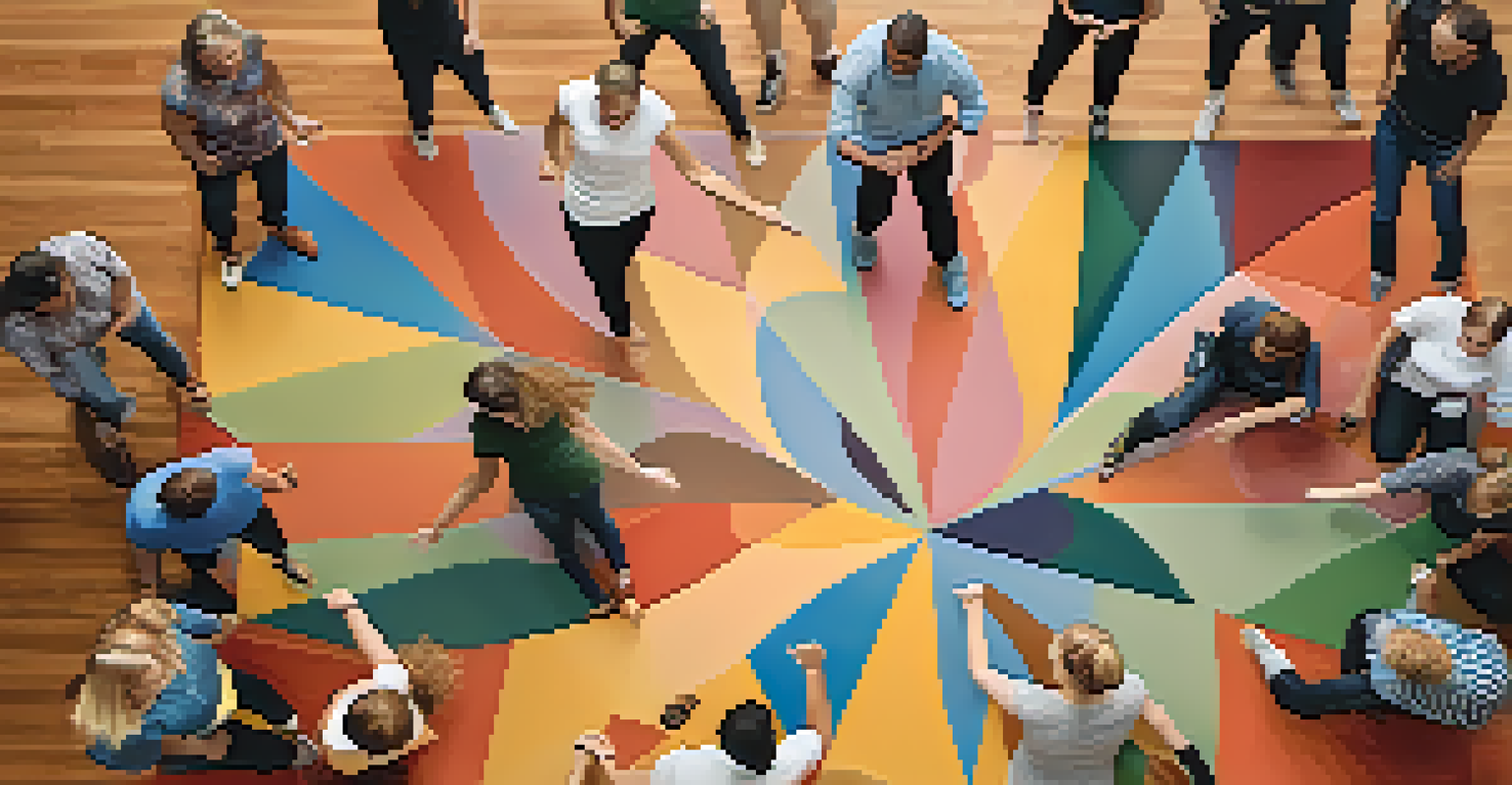 An overhead view of a dance circle with team members holding hands and smiling, creating a joyful atmosphere.