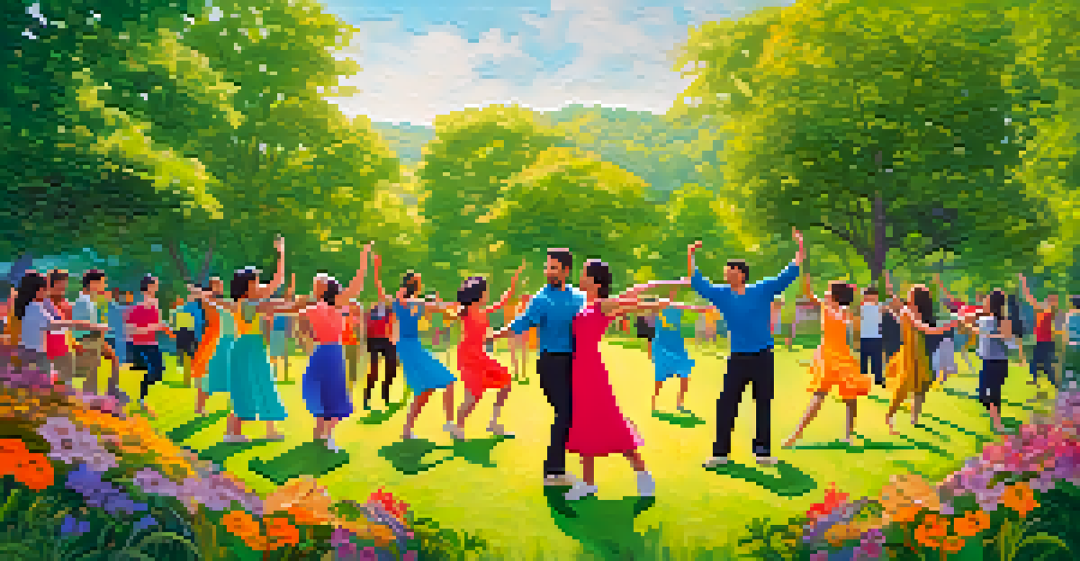 A group of individuals dancing together in a circle in a sunny park, showcasing joy and community through movement.