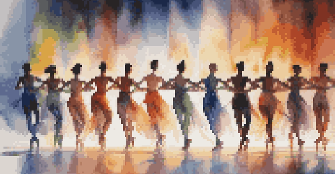 A group of dancers performing on stage, surrounded by colorful lights and abstract visuals, expressing a blend of classical and modern dance styles.