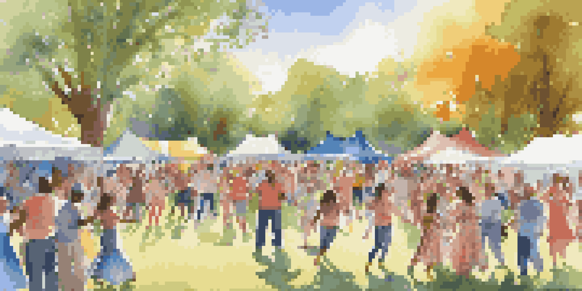 A lively community dance festival in a park with diverse people dancing, colorful banners, and food stalls under a clear blue sky.