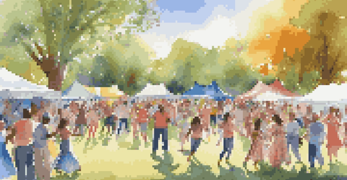 A lively community dance festival in a park with diverse people dancing, colorful banners, and food stalls under a clear blue sky.