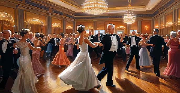 Seniors dancing gracefully in a ballroom, dressed in elegant formal attire with warm lighting.