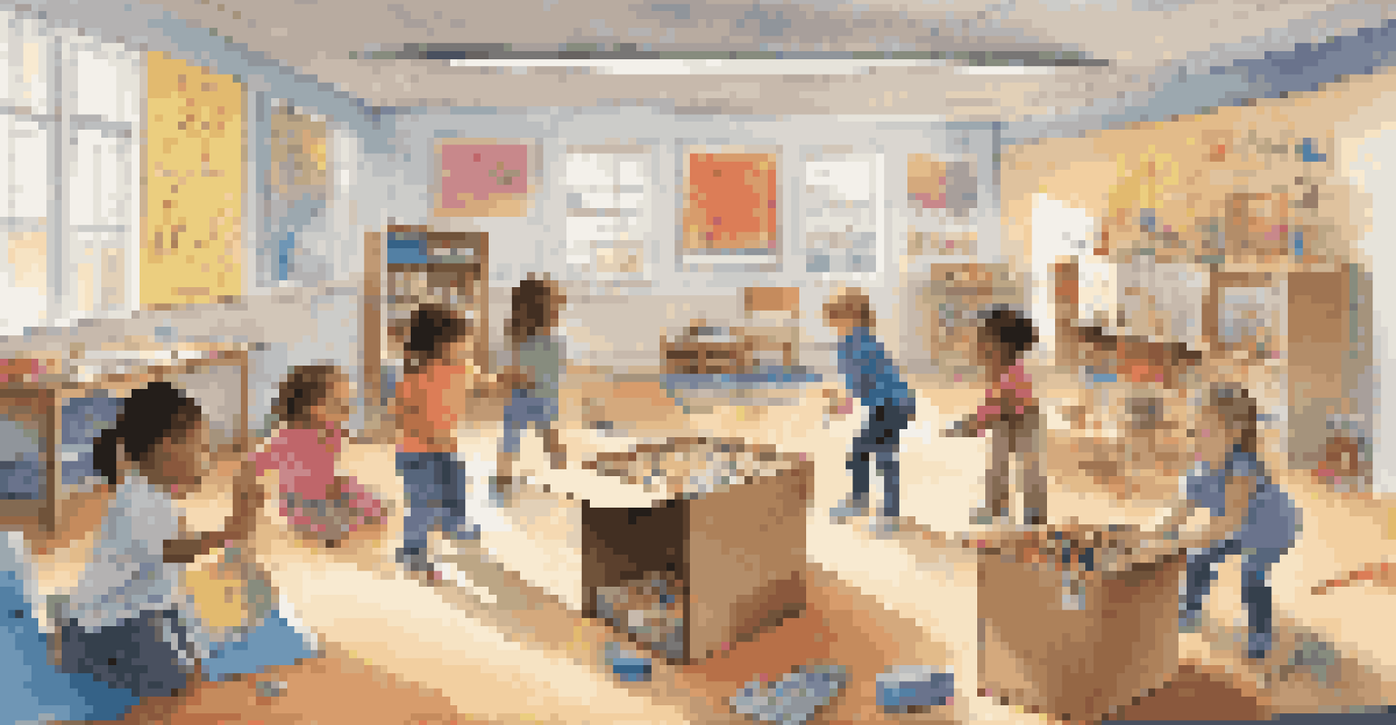 A classroom with children playing structured games and creatively using a cardboard box as a spaceship, filled with bright colors and educational materials.