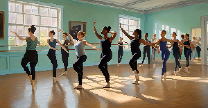A colorful dance workshop with diverse participants practicing different dance styles under soft natural lighting, with visual aids visible around the room.