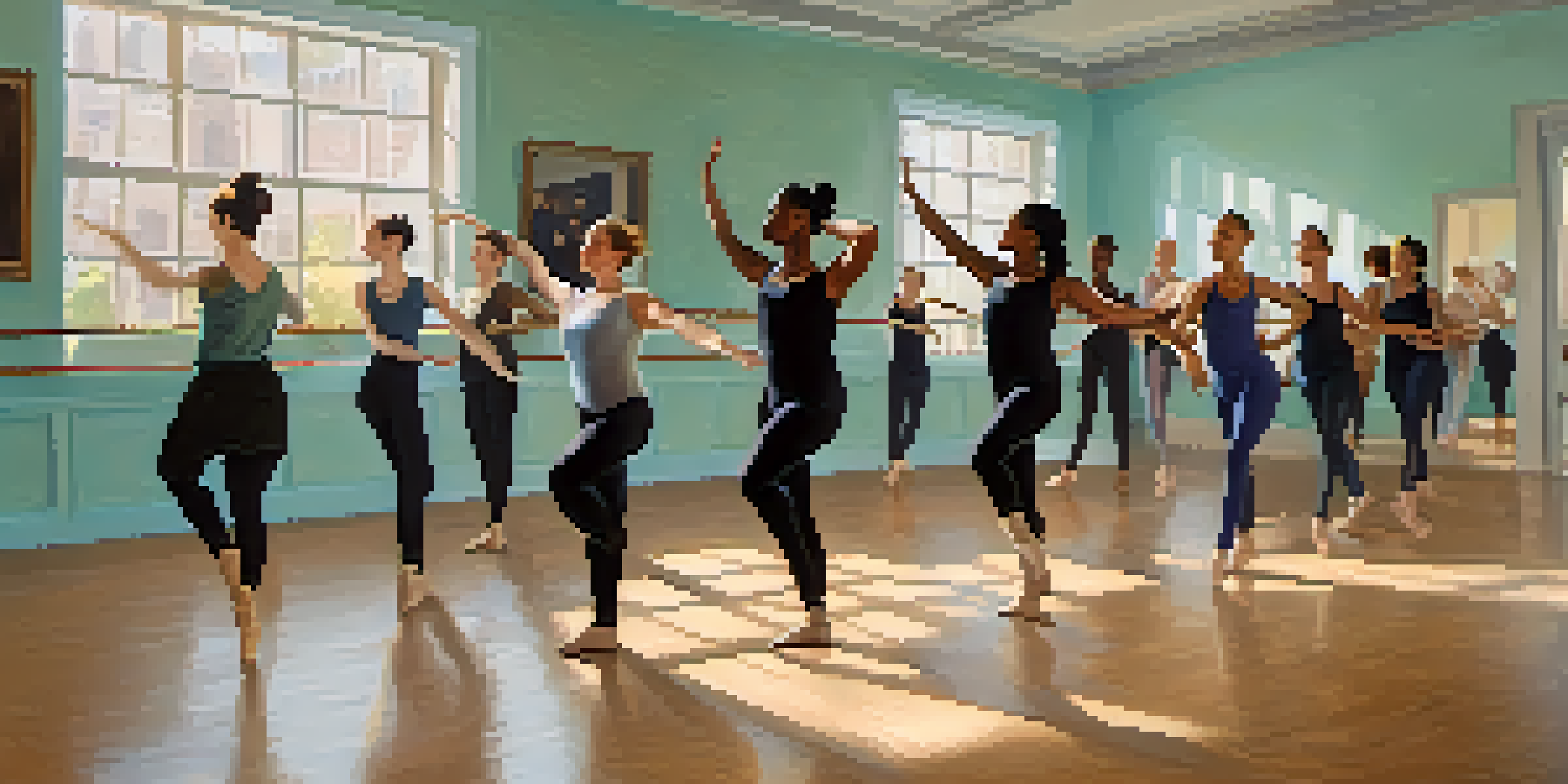 A colorful dance workshop with diverse participants practicing different dance styles under soft natural lighting, with visual aids visible around the room.
