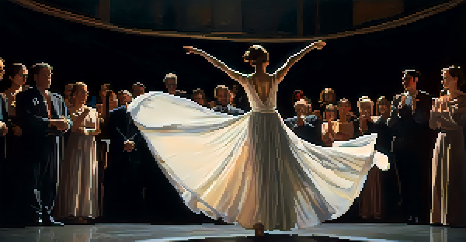 A solo dancer performing in a dimly lit theater, expressing grief and loss through movement, with a captivated audience in the foreground.