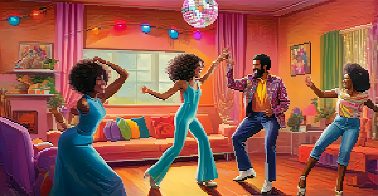 A family dressed in 1970s disco outfits dancing in their living room with a disco ball and colorful lights.