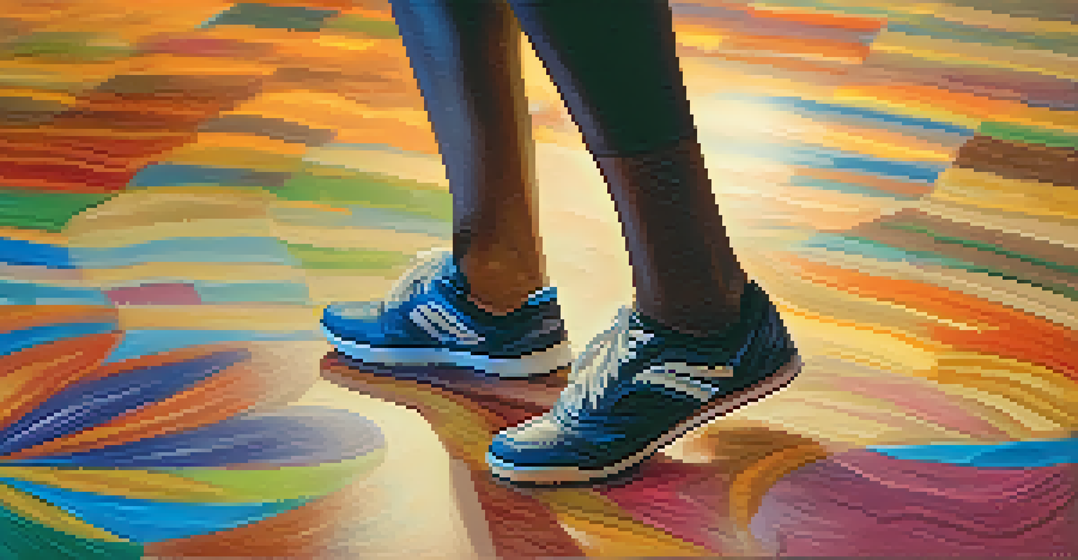 Close-up view of colorful shoes dancing on a textured floor, emphasizing individual creativity in motion.