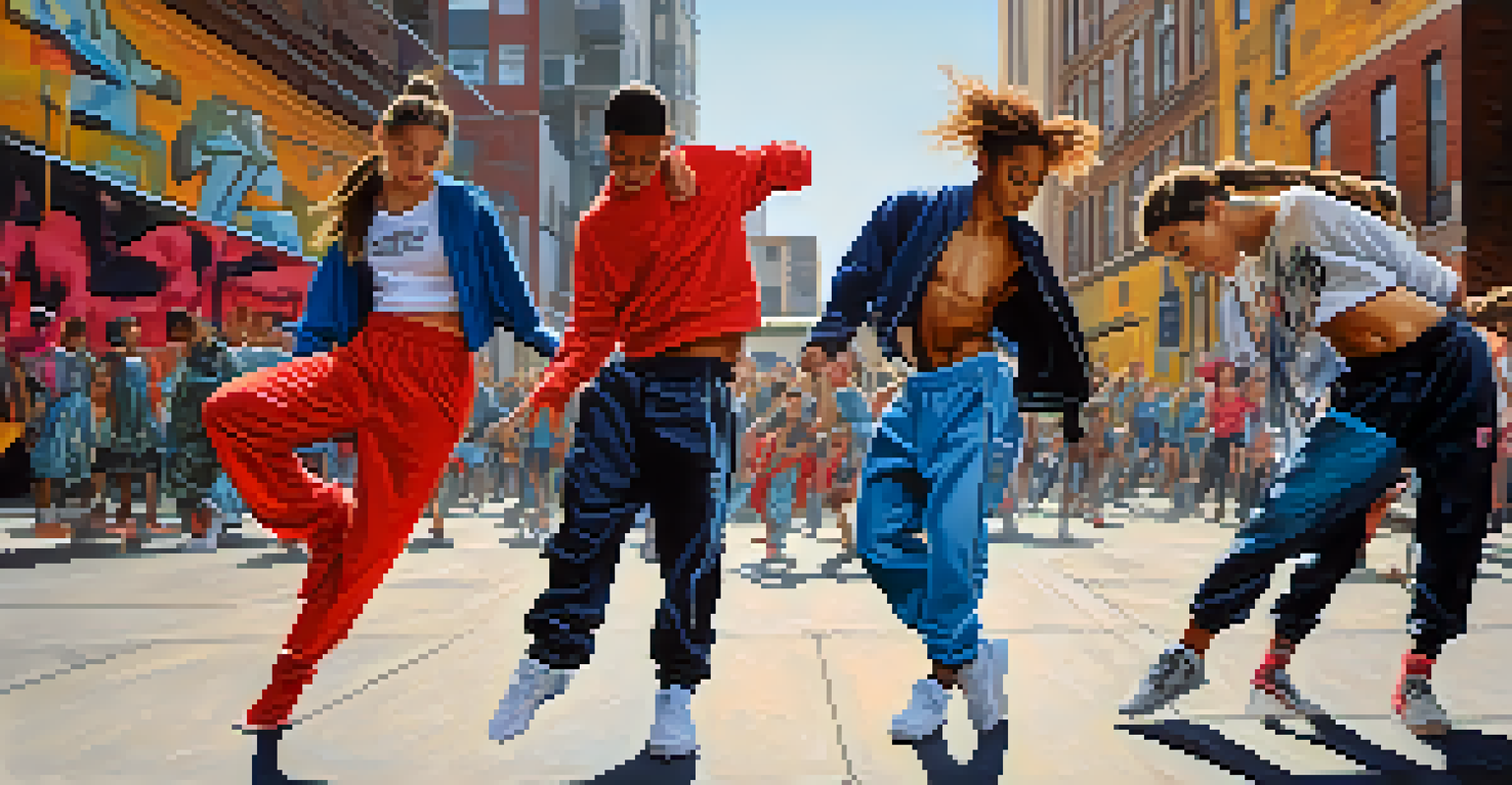 Young dancers performing on a city sidewalk, blending traditional and contemporary dance styles with graffiti art in the background.