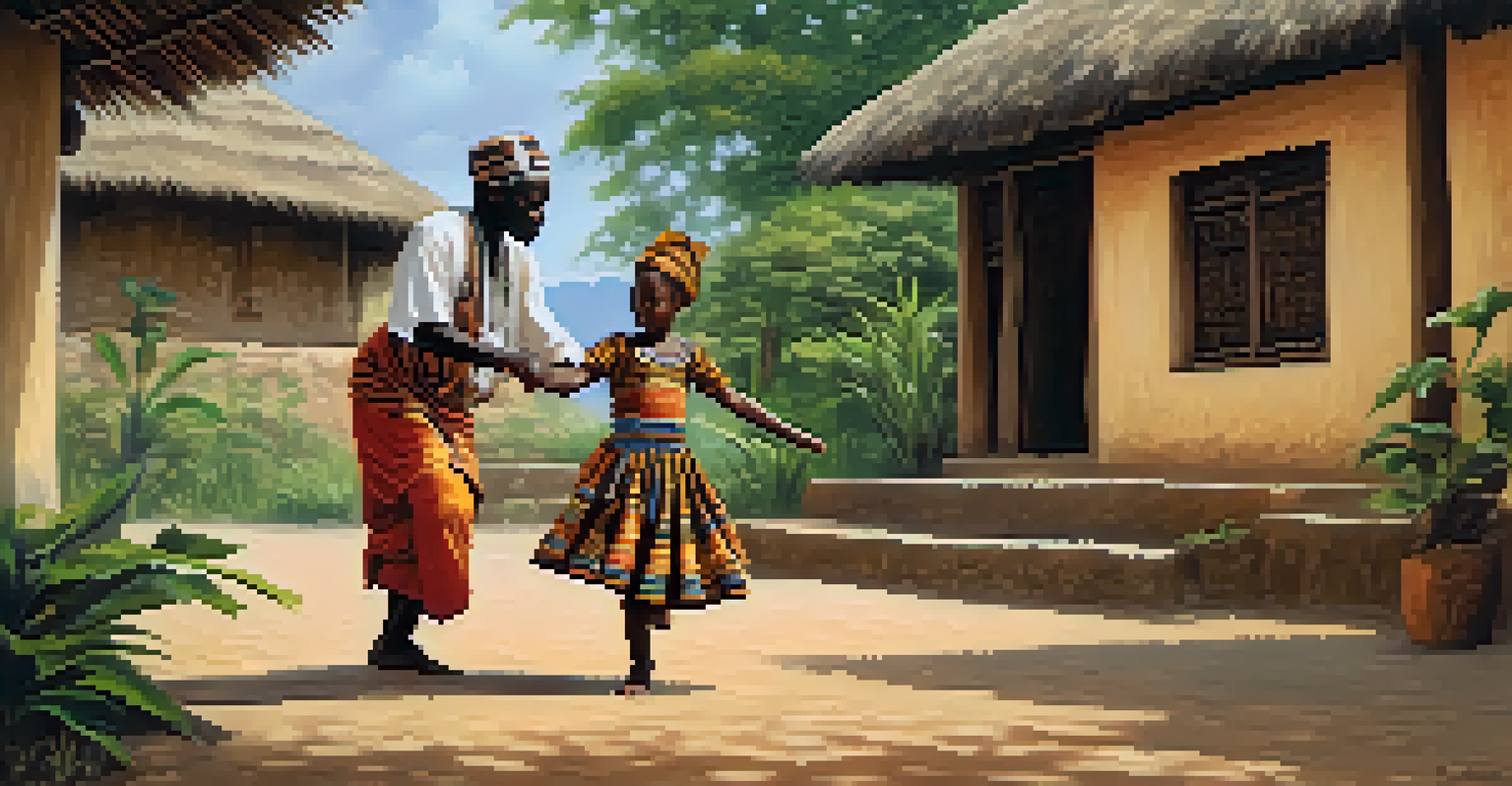 An elder teaching a young dancer traditional African dance steps in a village setting, with traditional huts and greenery in the background.