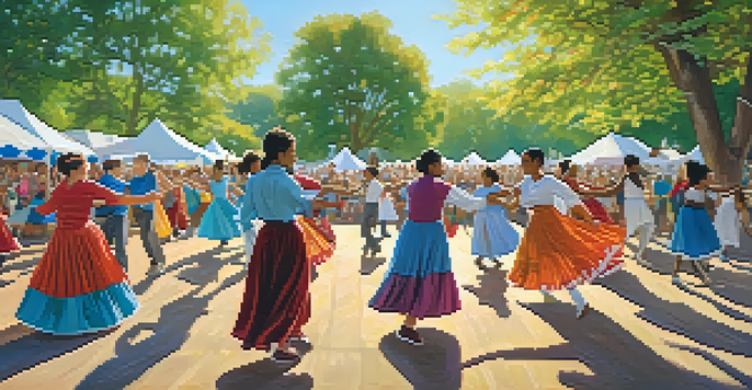 A diverse group of people dancing in a sunlit park during a community dance event, surrounded by colorful banners and flowers.