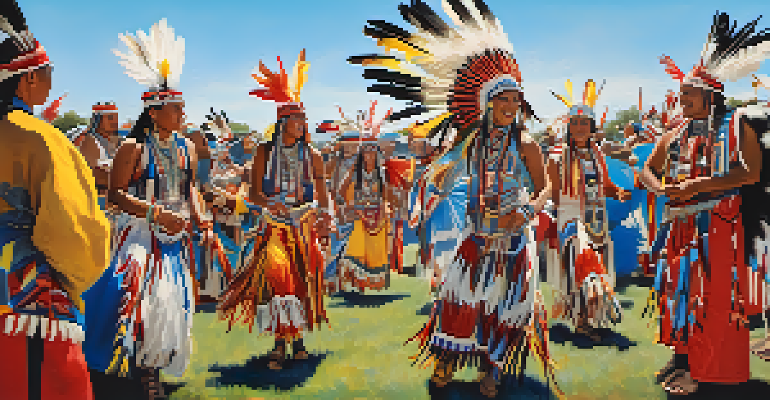 A Native American powwow with dancers in traditional regalia performing under a blue sky, surrounded by an engaged audience.