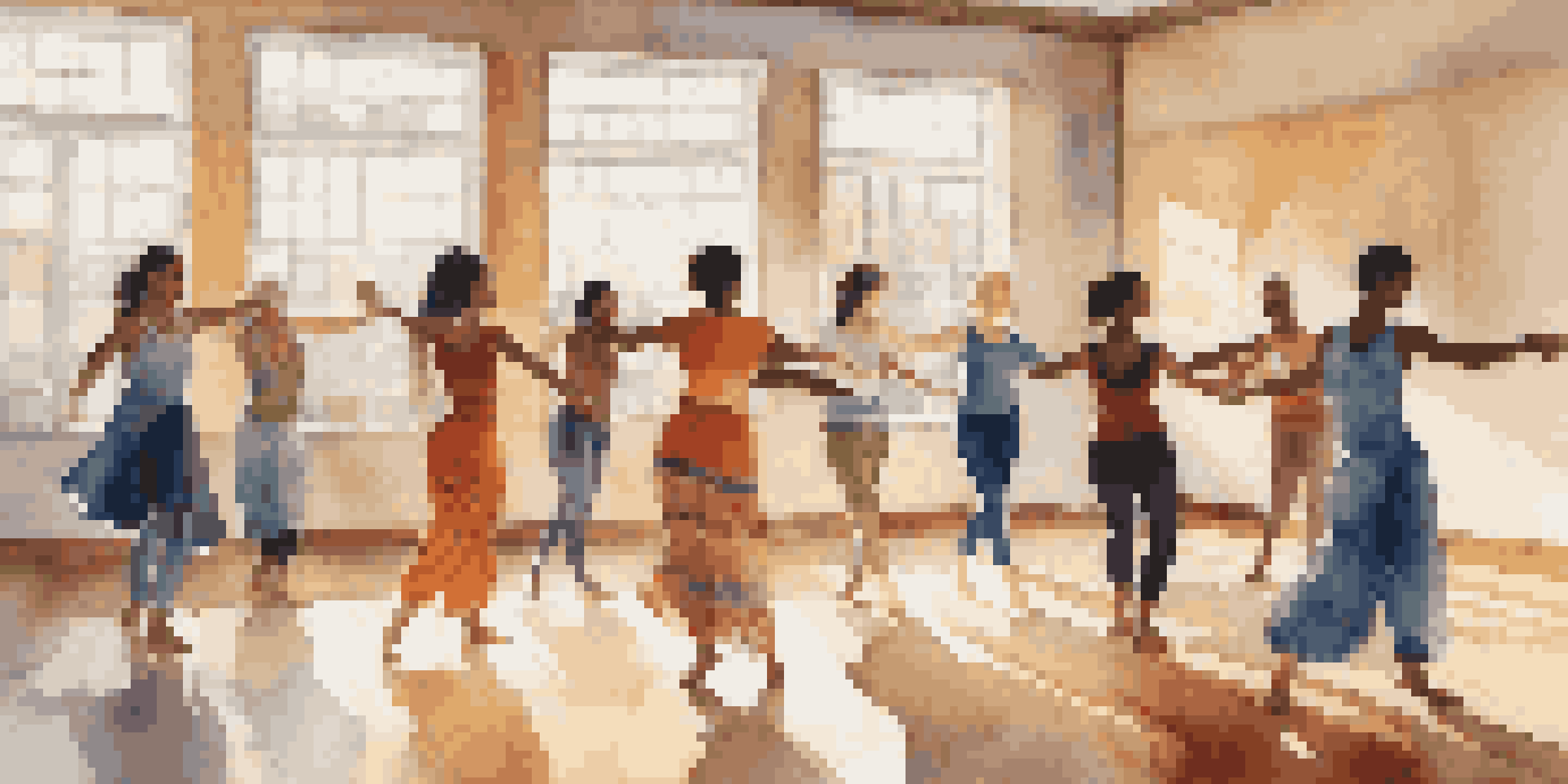 A group of diverse individuals engaged in a dance therapy session in a sunlit studio, expressing emotions through movement.