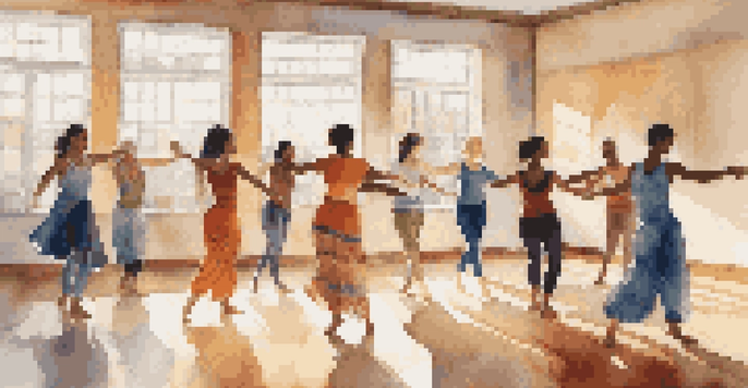 A group of diverse individuals engaged in a dance therapy session in a sunlit studio, expressing emotions through movement.