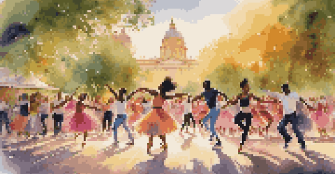 A vibrant park filled with diverse dancers showcasing different dance styles, illuminated by warm golden hour light.