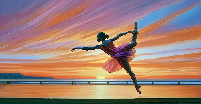 A dancer leaping gracefully in front of a colorful sunset, with a wooden stage below.