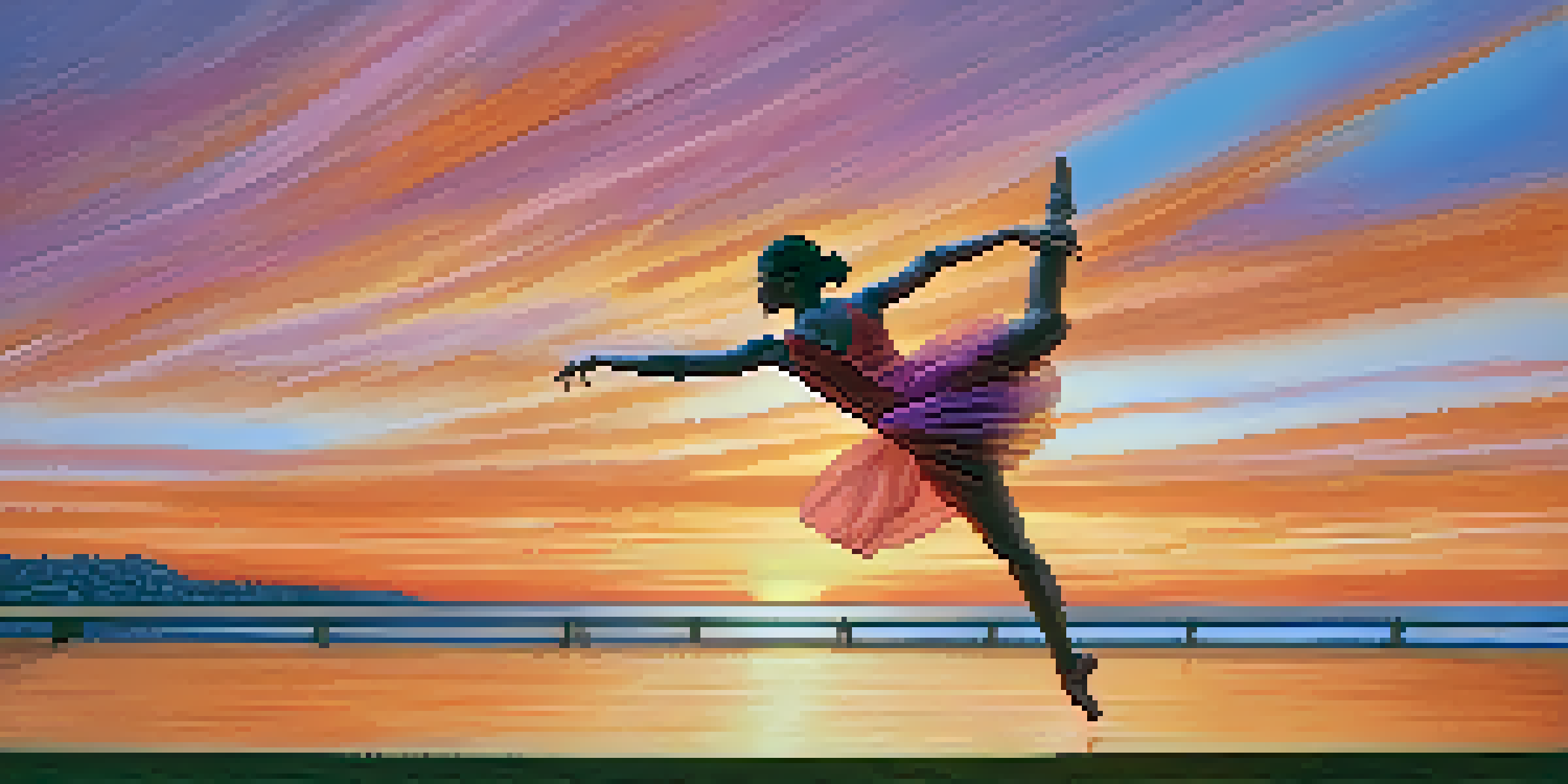 A dancer leaping gracefully in front of a colorful sunset, with a wooden stage below.