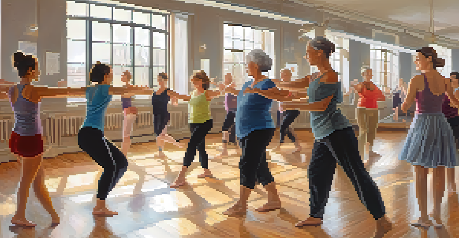 Adults of diverse backgrounds participating in a gentle dance class in a warm studio.