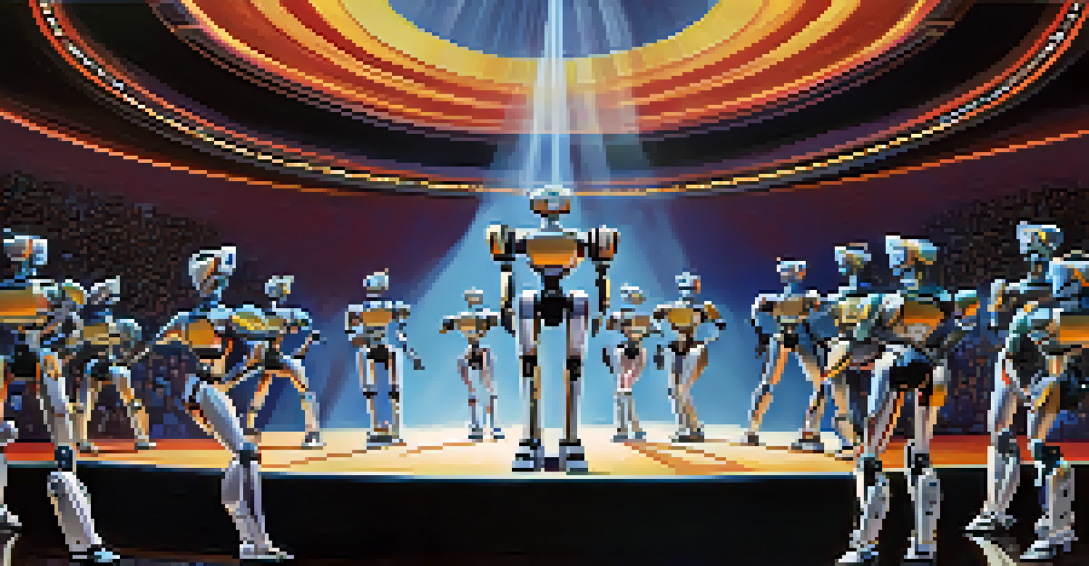 A futuristic dance competition with robots performing synchronized movements on a brightly lit stage, captivating the audience.