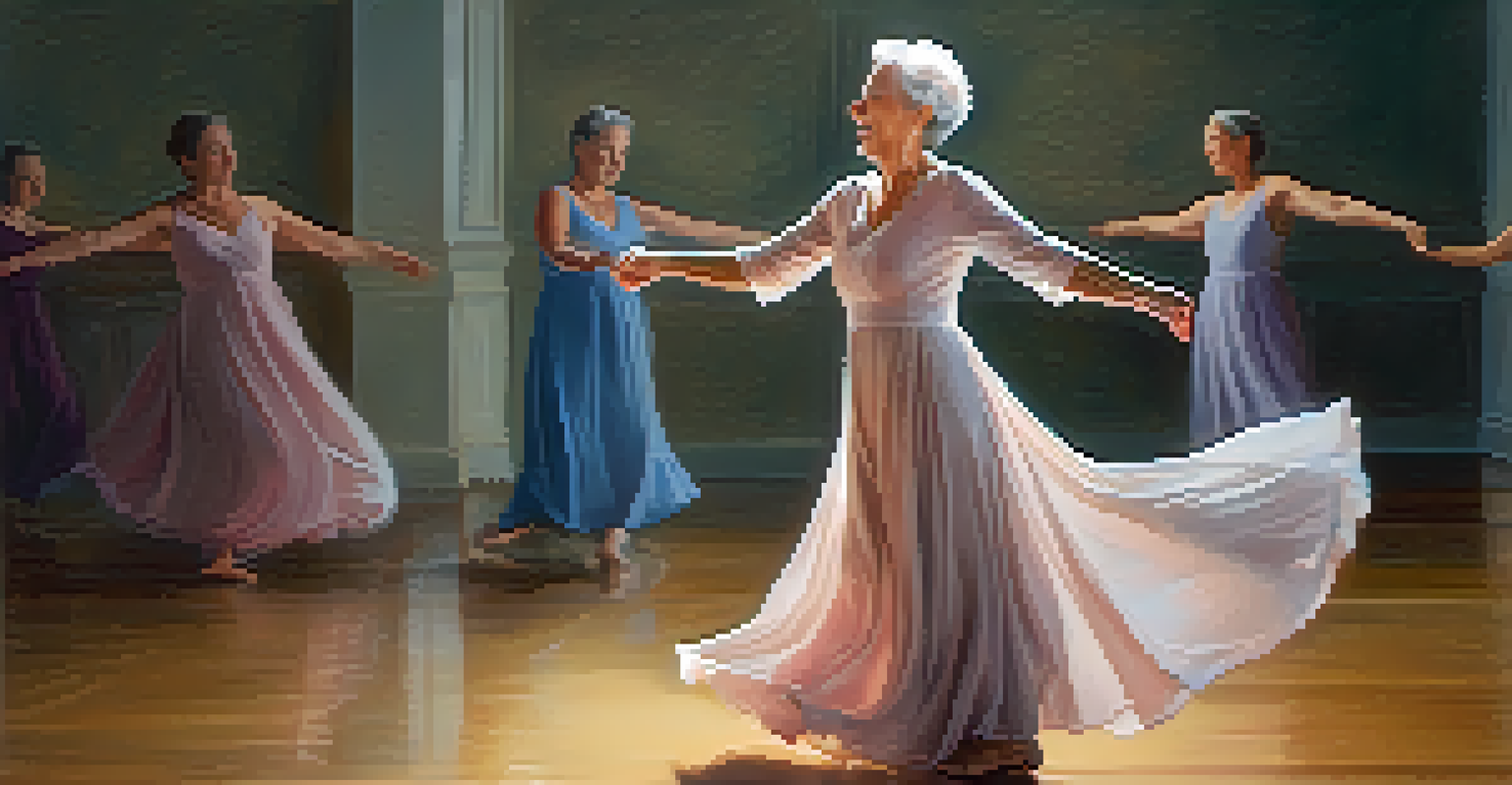 A senior woman dancing gracefully, expressing her emotions in a softly lit space with a warm glow.