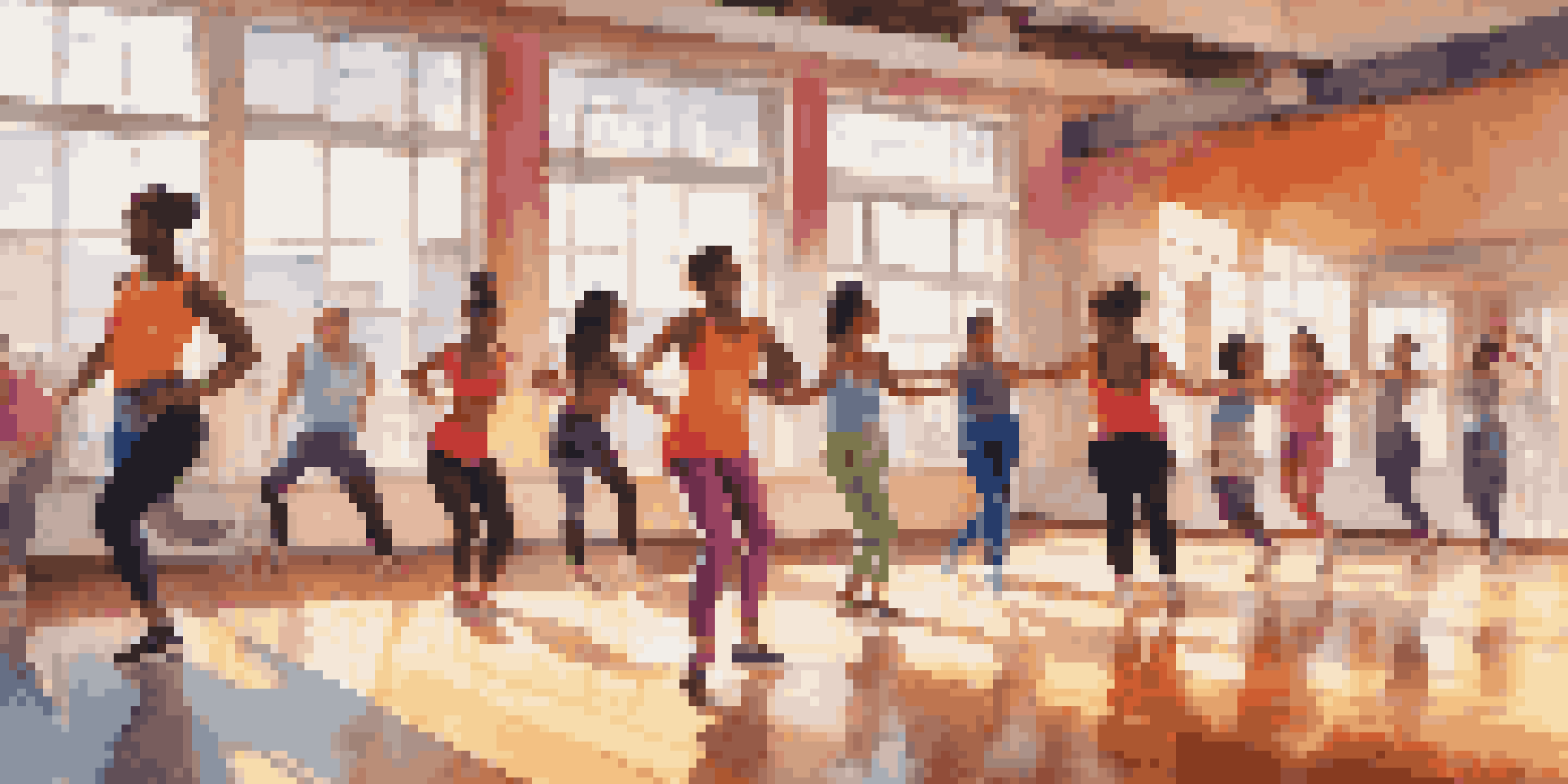 A bright dance studio with diverse dancers enjoying a class, showcasing various dance styles and colorful attire.