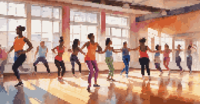 A bright dance studio with diverse dancers enjoying a class, showcasing various dance styles and colorful attire.