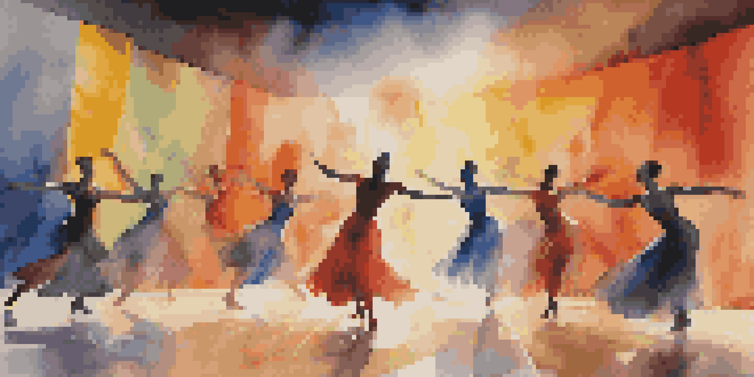 A modern dance performance with dancers in colorful costumes on a vibrant stage, surrounded by abstract visual art.