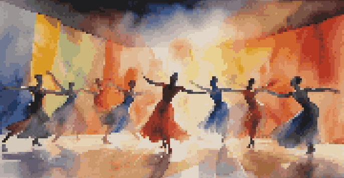 A modern dance performance with dancers in colorful costumes on a vibrant stage, surrounded by abstract visual art.