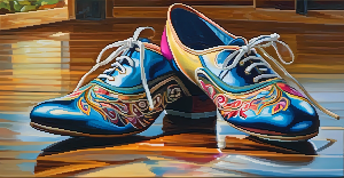 A pair of stylish modern dance shoes displayed on a wooden dance floor, emphasizing their vibrant colors and detailed design.