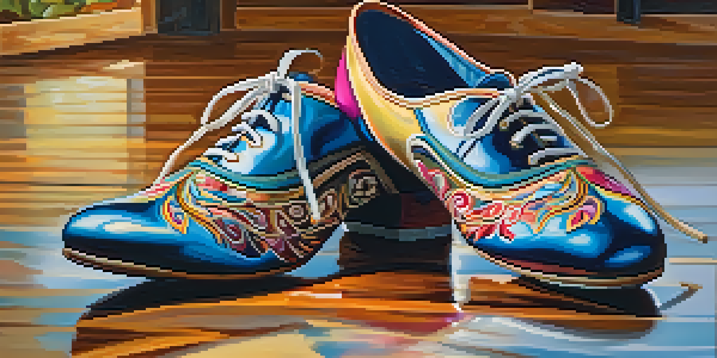 A pair of stylish modern dance shoes displayed on a wooden dance floor, emphasizing their vibrant colors and detailed design.