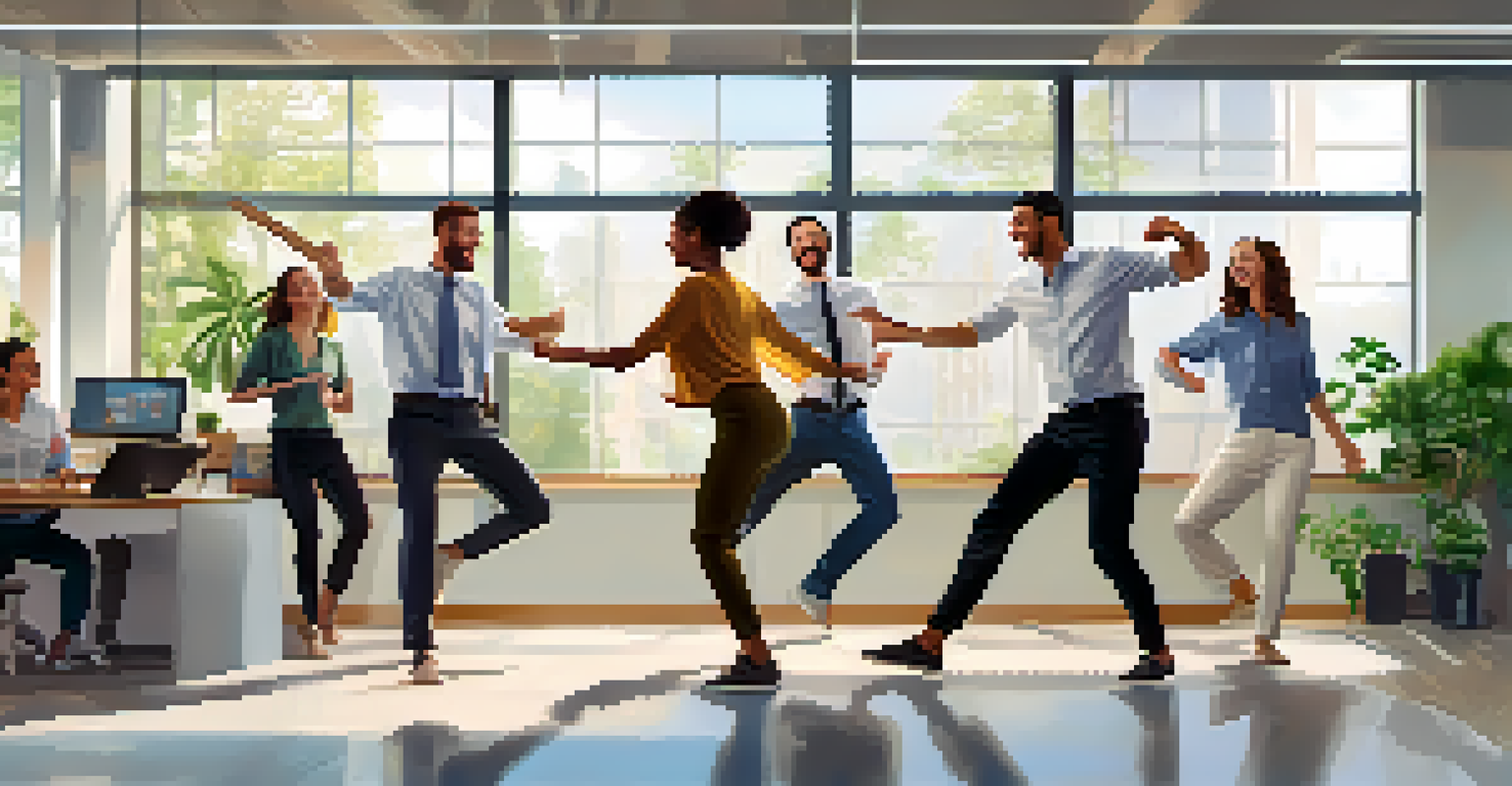 Coworkers taking a joyful dance break in a modern office, surrounded by plants and motivational posters.