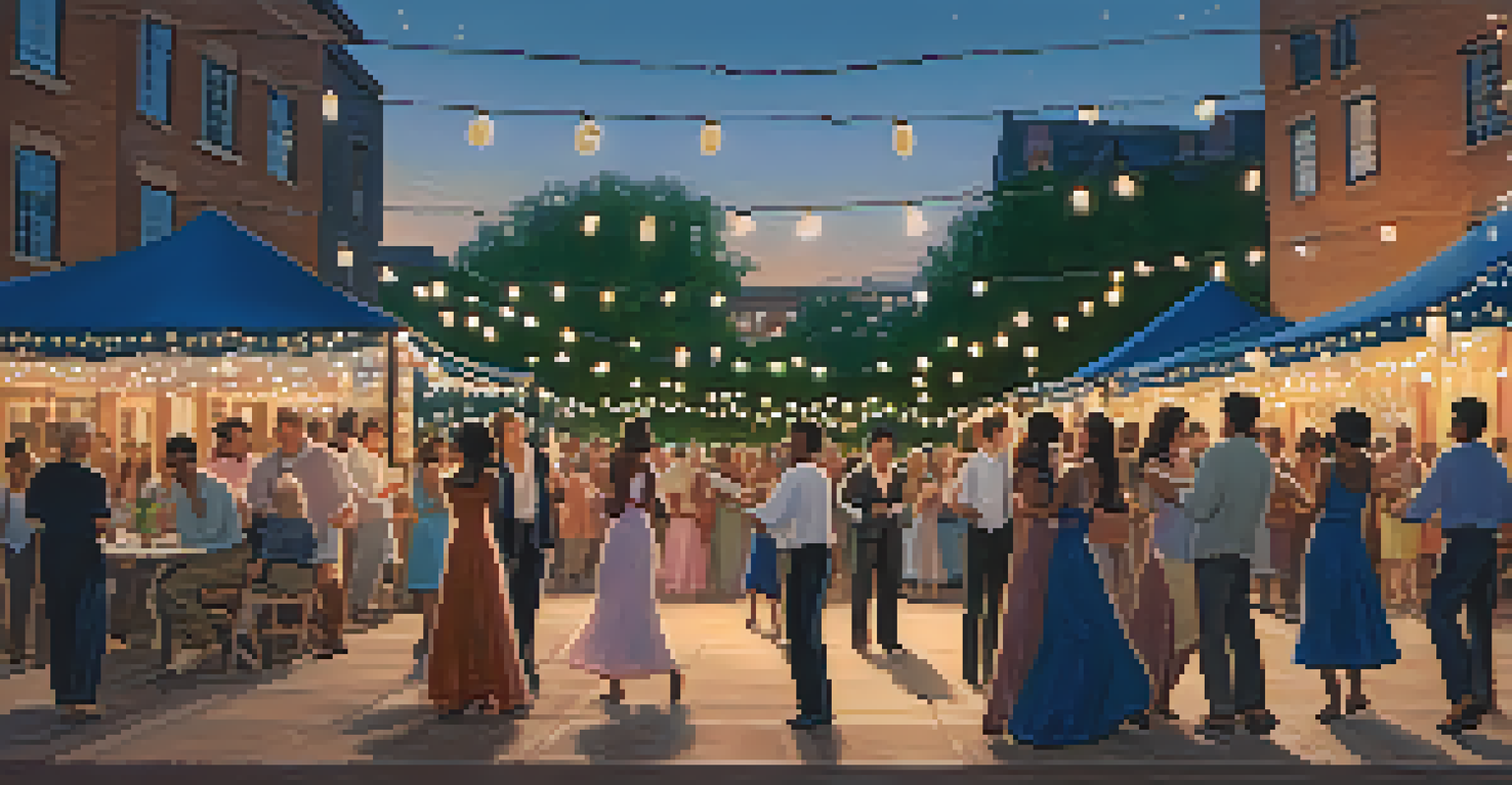 A community dance event in a city square during twilight, with string lights creating a warm ambiance as people dance and gather.