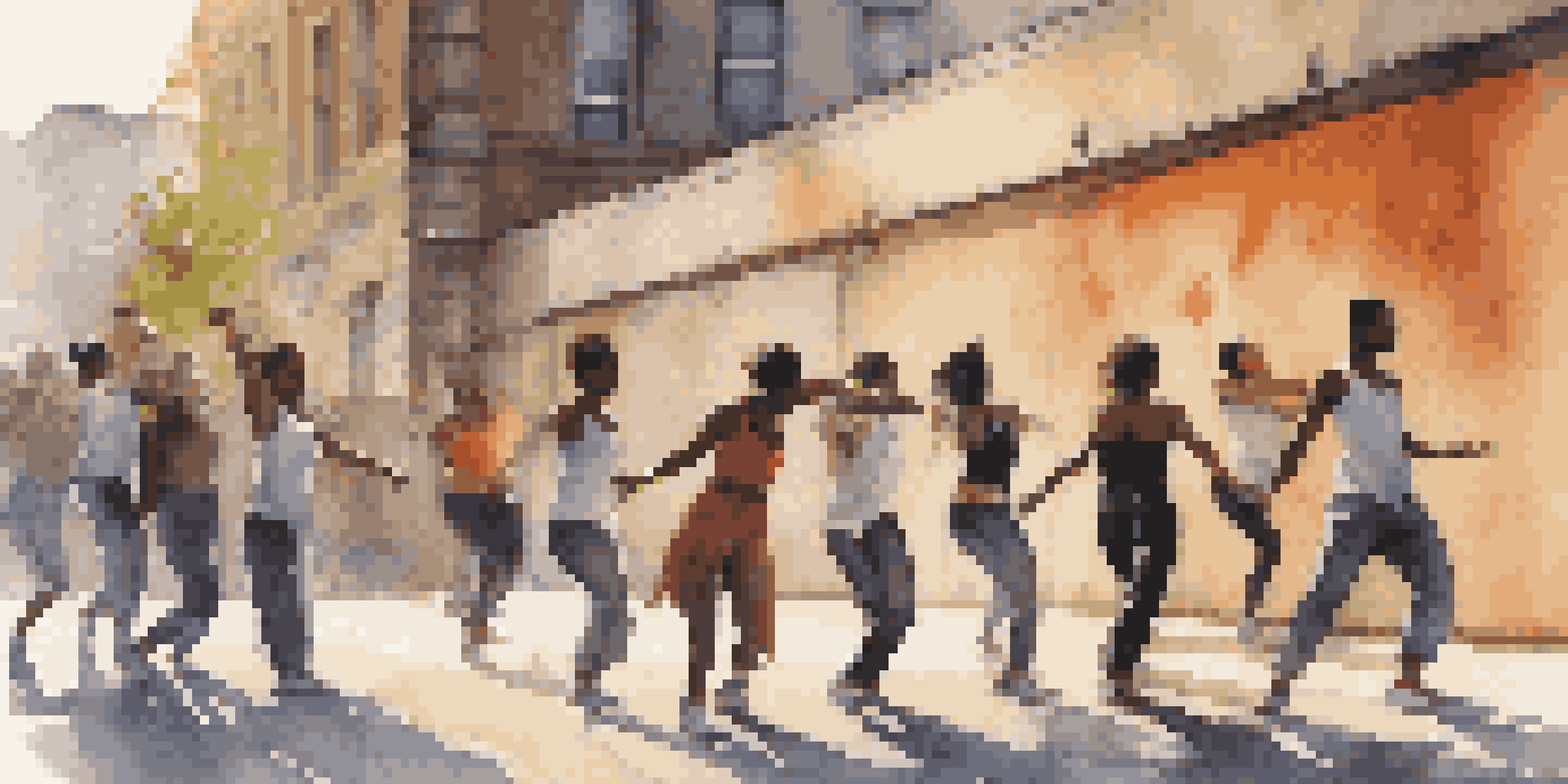 A group of diverse dancers performing improvisational dance in an urban environment, with a graffiti wall and soft evening light.