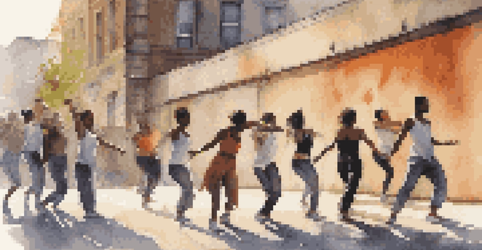 A group of diverse dancers performing improvisational dance in an urban environment, with a graffiti wall and soft evening light.