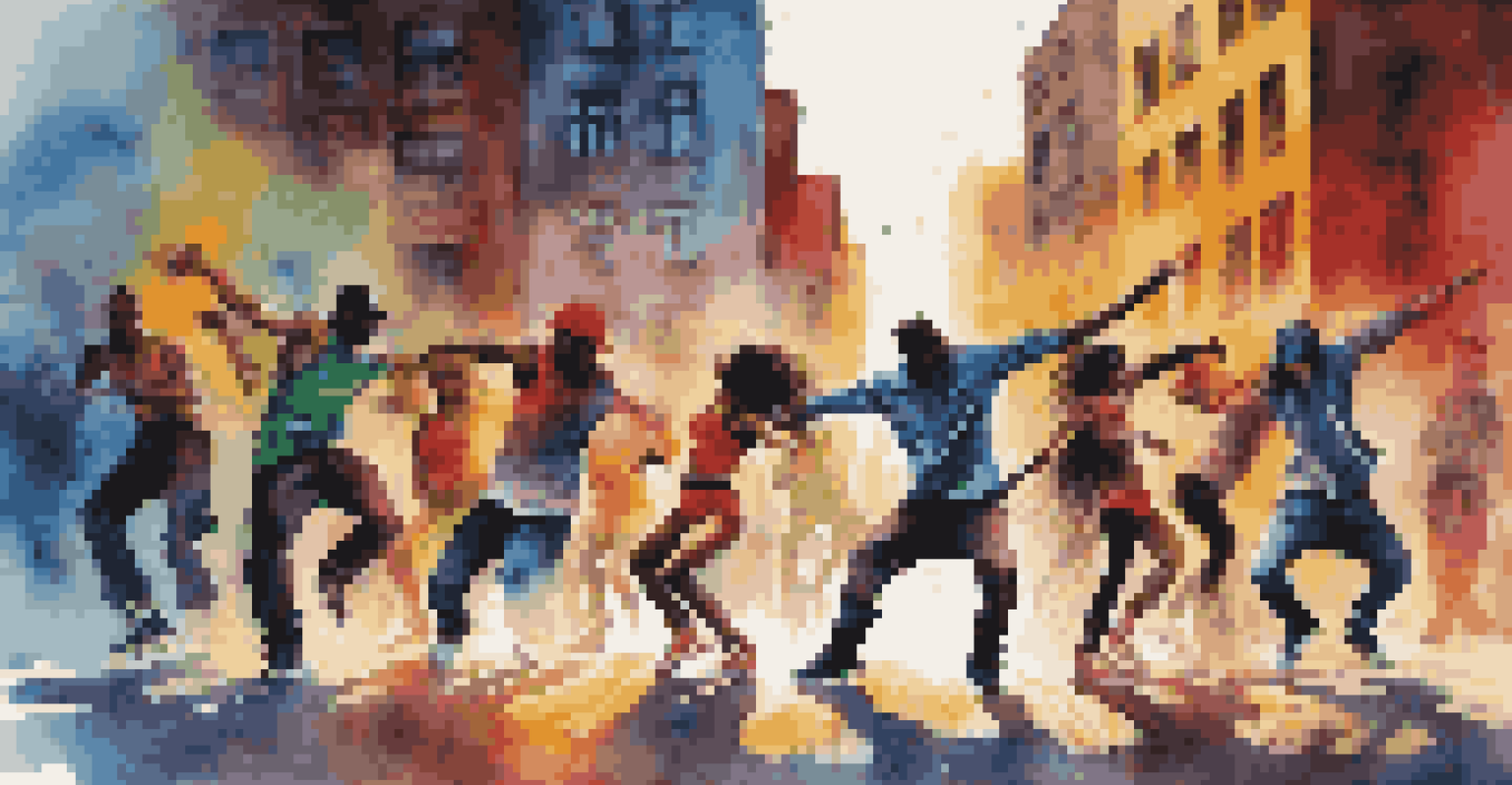 Diverse dancers in an urban setting showcasing hip-hop dance moves against a backdrop of graffiti art.