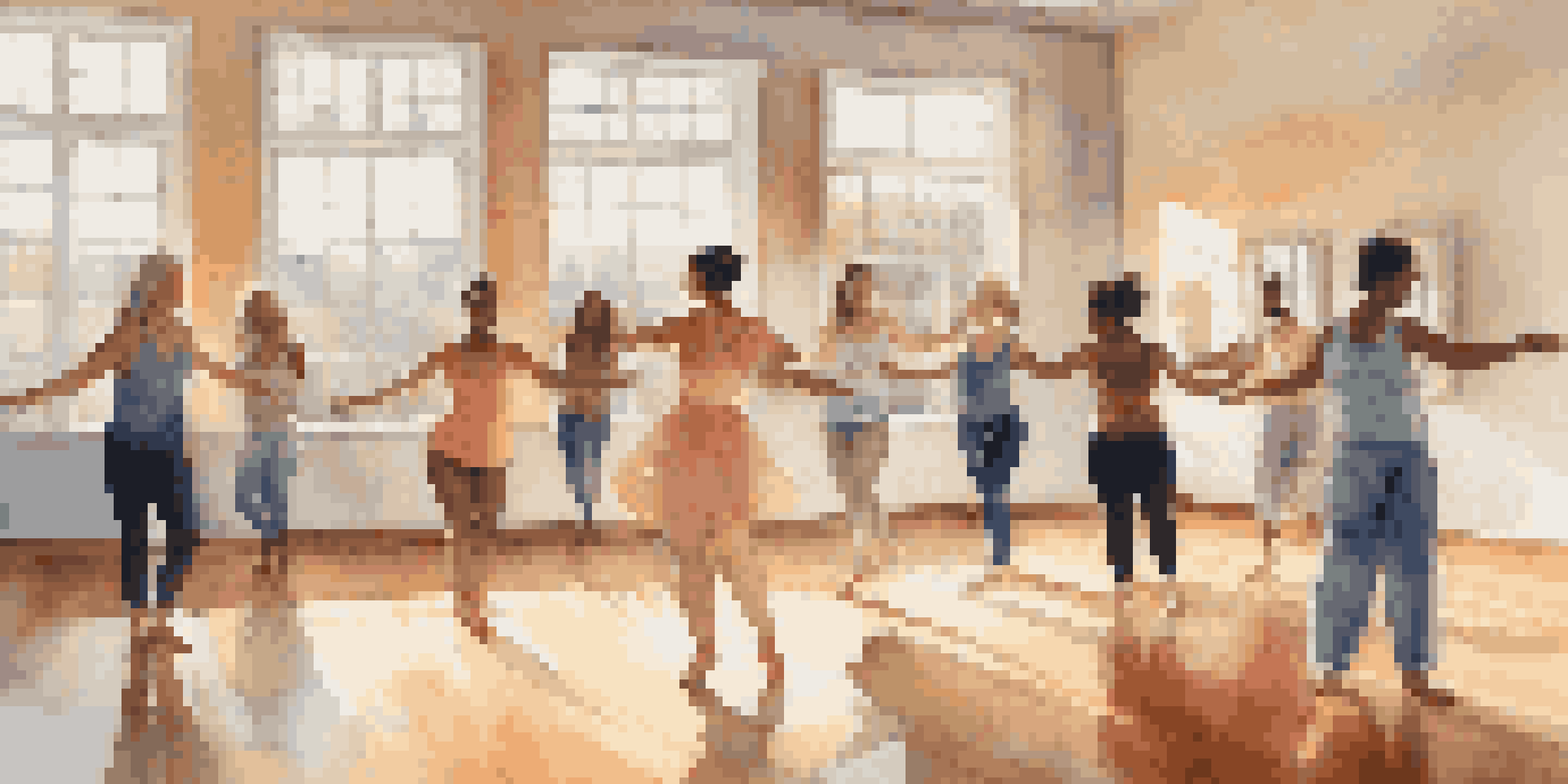 A group of individuals participating in a dance therapy session in a bright, welcoming studio, expressing joy through movement.