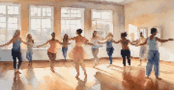 A group of individuals participating in a dance therapy session in a bright, welcoming studio, expressing joy through movement.