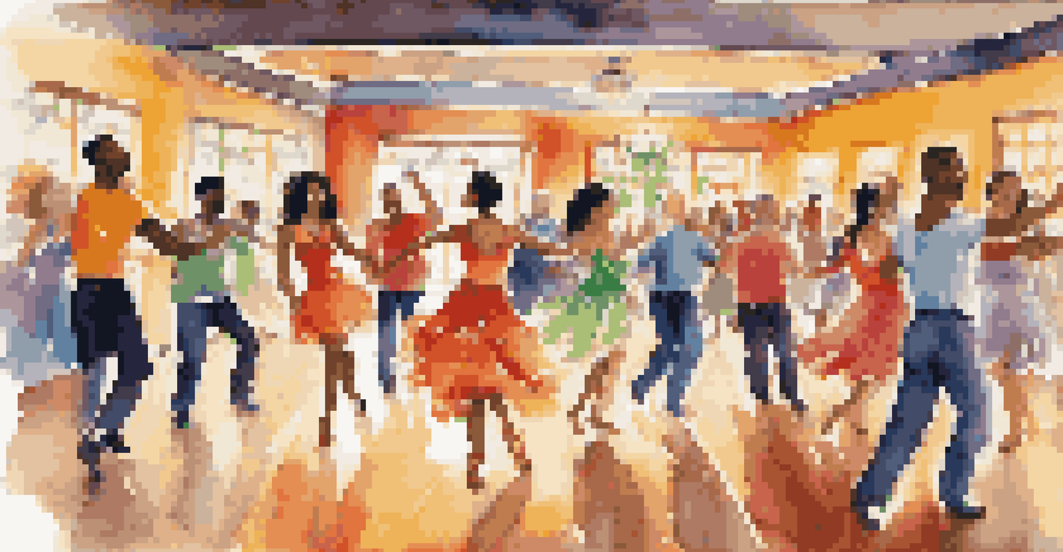 A lively salsa dance class with smiling dancers in colorful outfits.