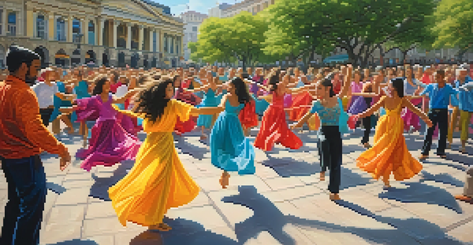 A lively dance flash mob in a city square with diverse dancers and onlookers, all surrounded by urban scenery.
