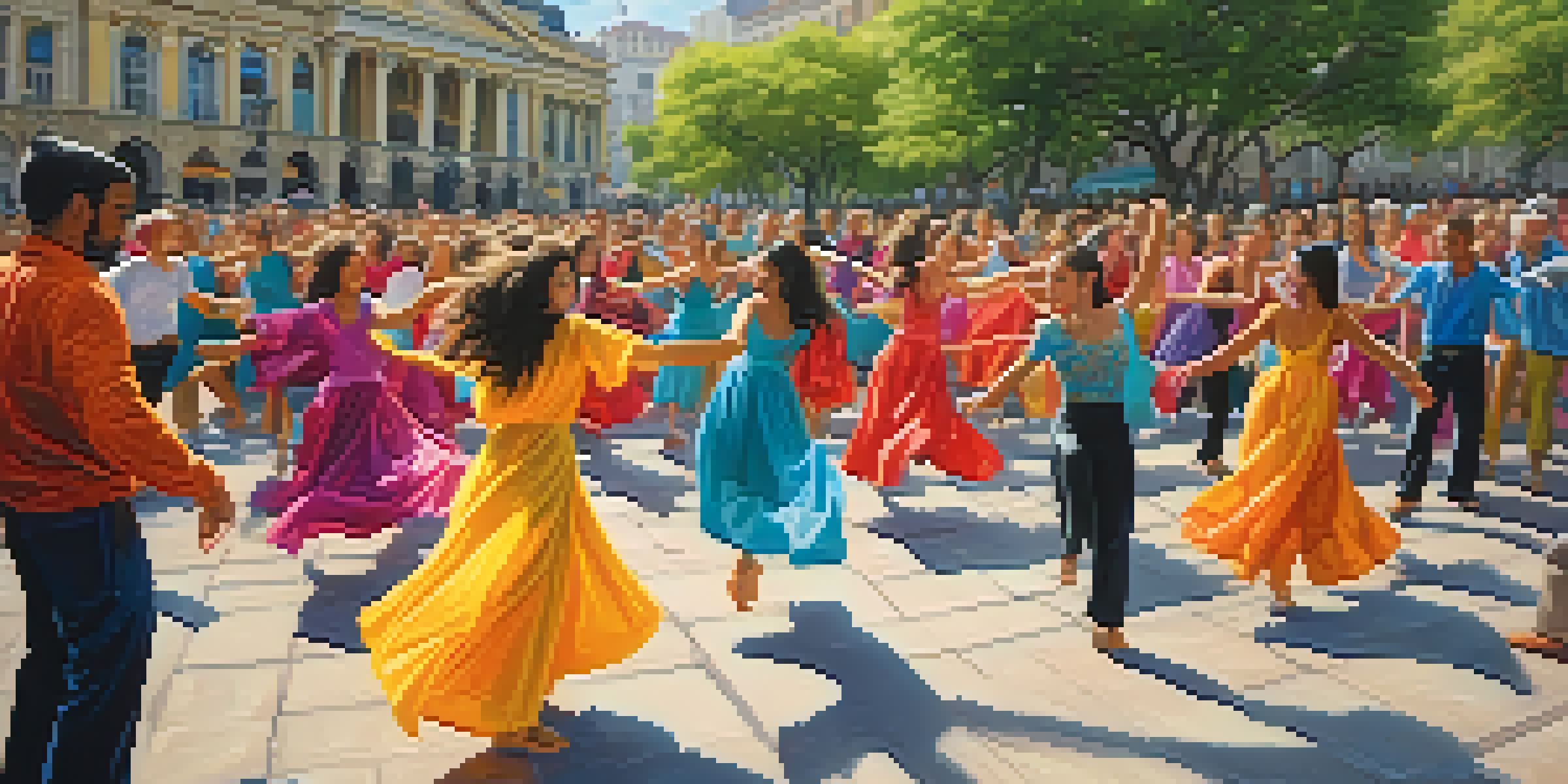 A lively dance flash mob in a city square with diverse dancers and onlookers, all surrounded by urban scenery.